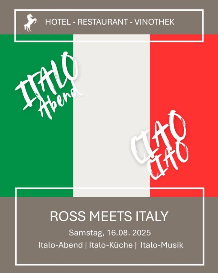 🍝 16. August - ITALIENISCHER ABEND 

Tauche ein in einen Abend voller Dolce Vita! 
Freu dich auf eine authentische italienische Karte, begleitet von feinster Italo-Musik - Urlaubsfeeling garantiert! 

✨Kulinarische Highlights ✨
🍽️ Antipasti 
🍽️ Zartes Vitello 
🍽️ Muscheln & Calamari 
🍽️ Trüffelgenuss 
🍽️ Saltimbocca alla Romana 

Buon Appetito - wir freuen uns auf dich! 
👉🏻 Reservieren nicht vergessen! 

#italo #italoabend #hotelross #rossstubensw #rossino #italien #italienischeküche🇮🇹 #dolcevita #italovibes #bellaitalia #foodevent #italienimherzen